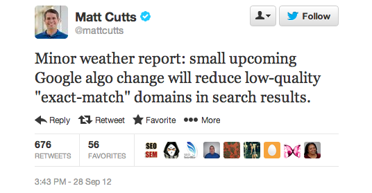 EMD Google Algorithm Change Announcement by Matt Cutts