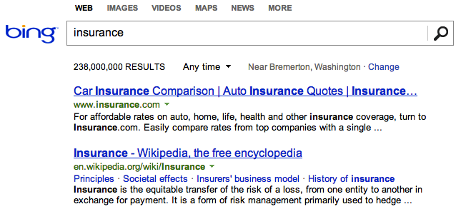 Insurance.com Example of Exact Match Domain Name on Bing