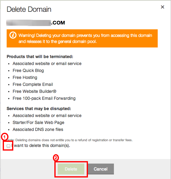 GoDaddy Delete a Domain Name Confirmation